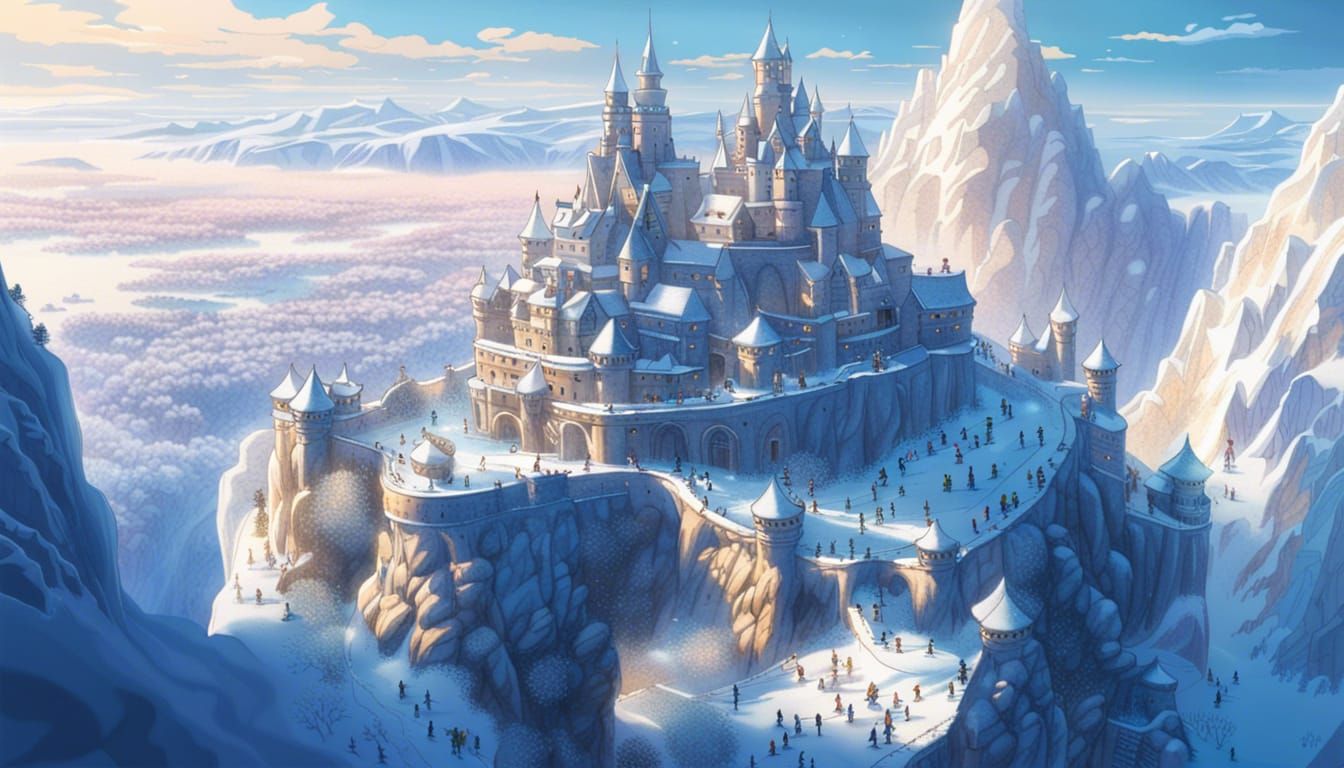 Winter Village Snow Castle in Anime Style