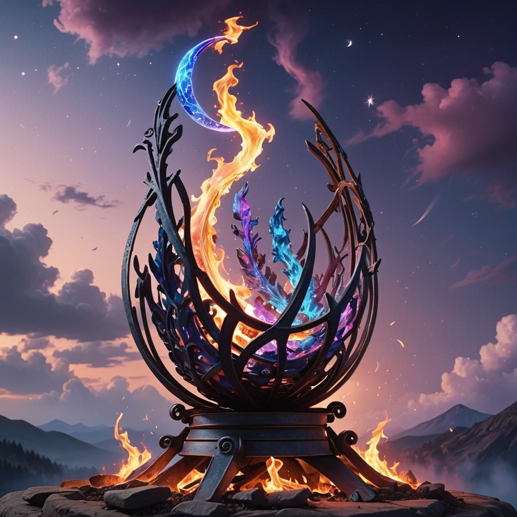 Modern Fire Basket with Rune Flames, Fantasy Concept Art