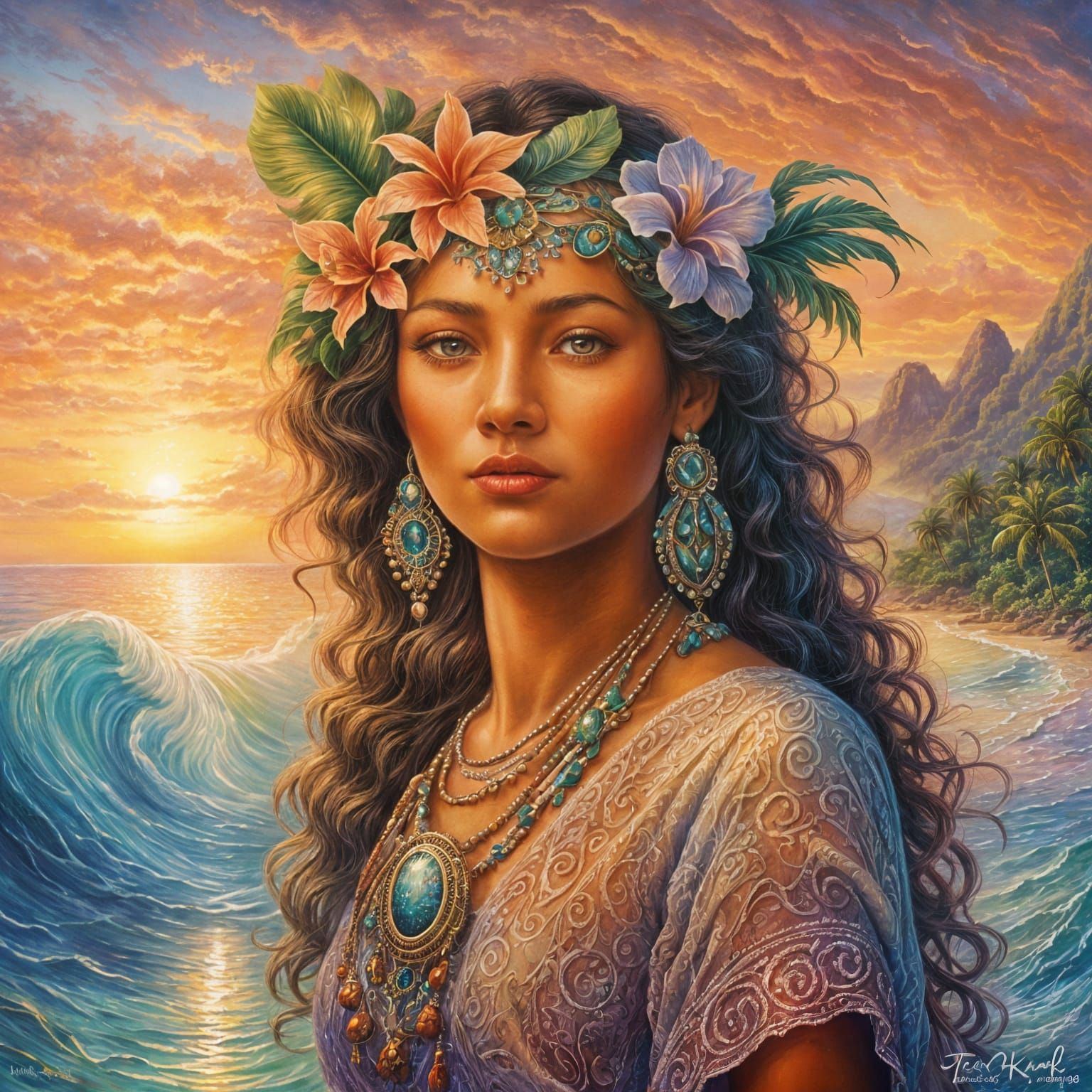 Exotic Fantasy Goddess Basks in Sunset Radiance