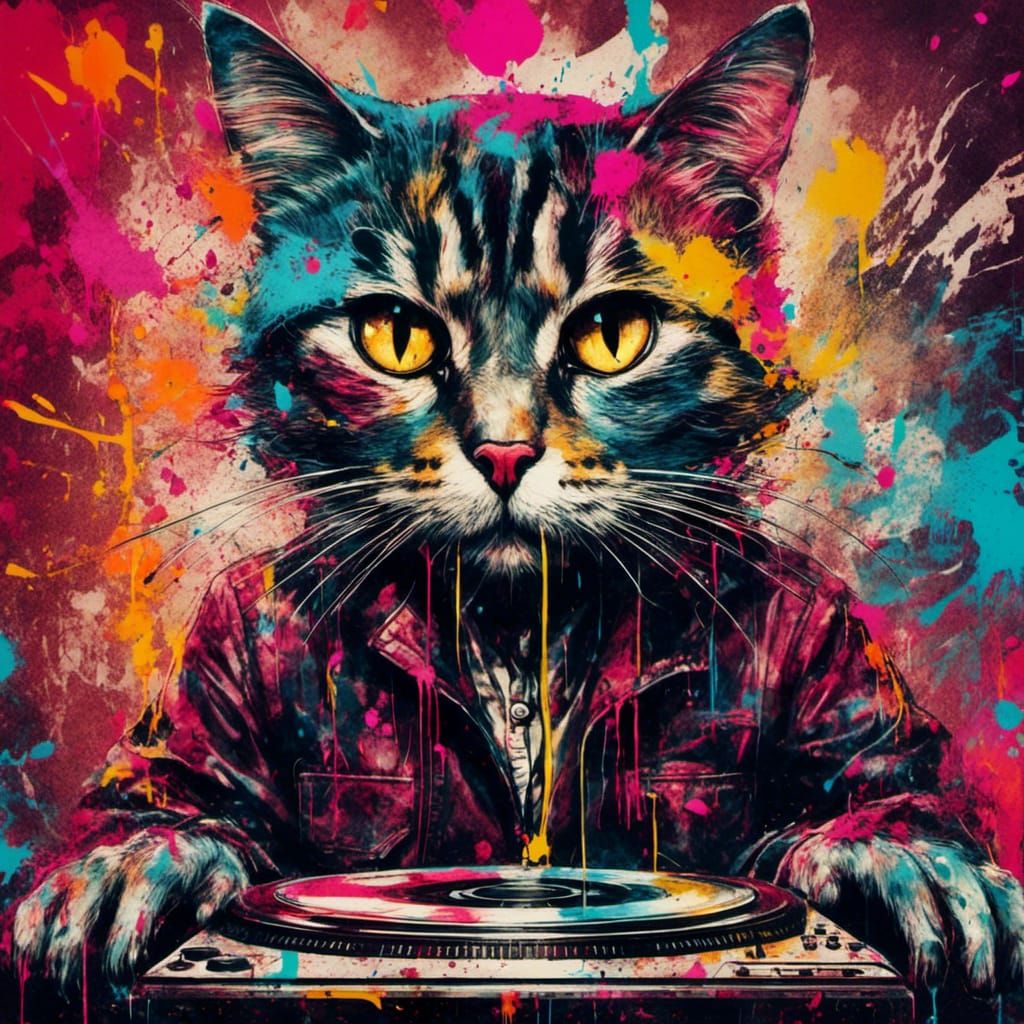 Japanese Cat DJ in Graffiti Art Style