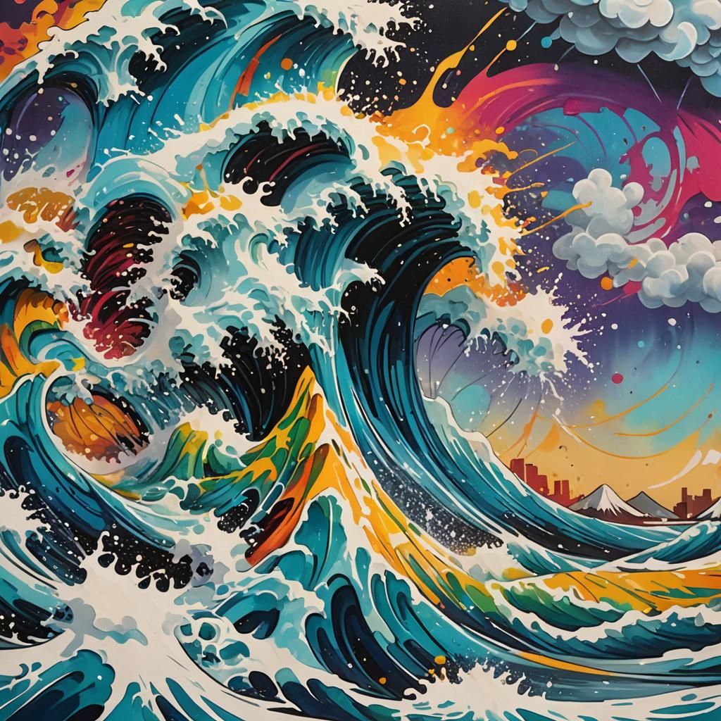 Giant Tsunami Wave in Graffiti Art Style