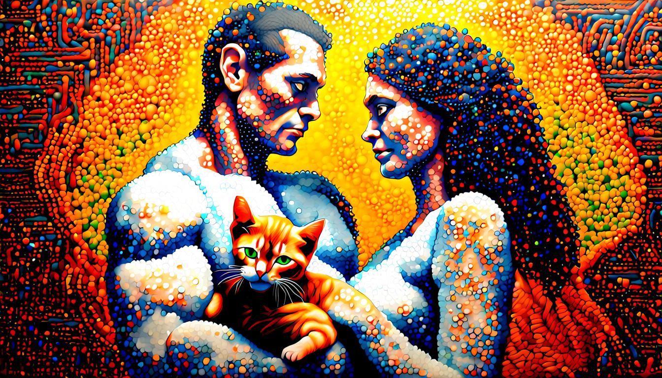 Pointillist Painting: Man, Cat, and Muscle Mummy Wife