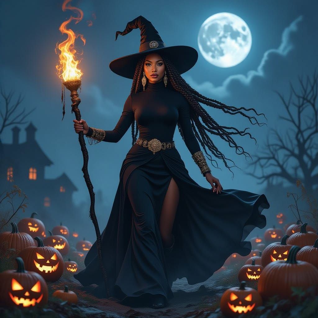 African Witch in Mystical Pumpkin Patch