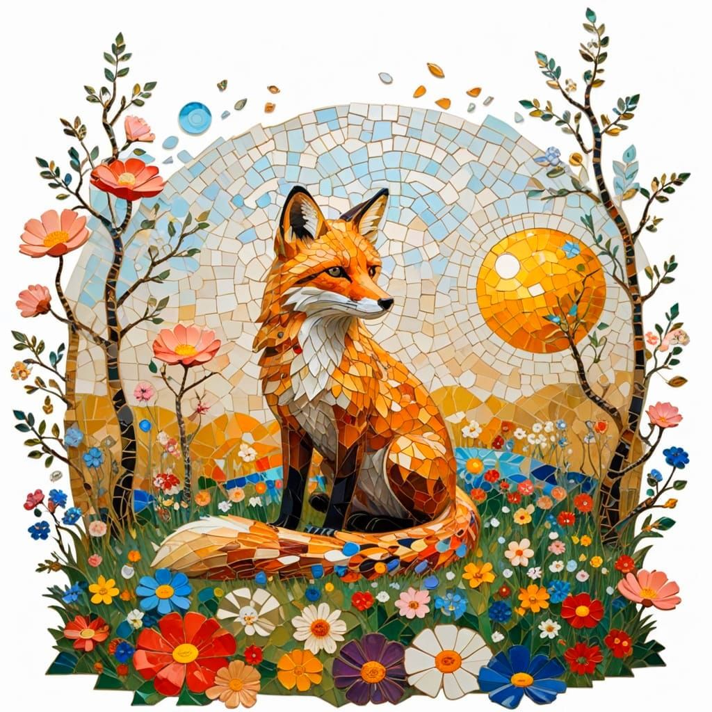 Fox on Mosaic Meadow at Sunset, Klimt-Inspired Style