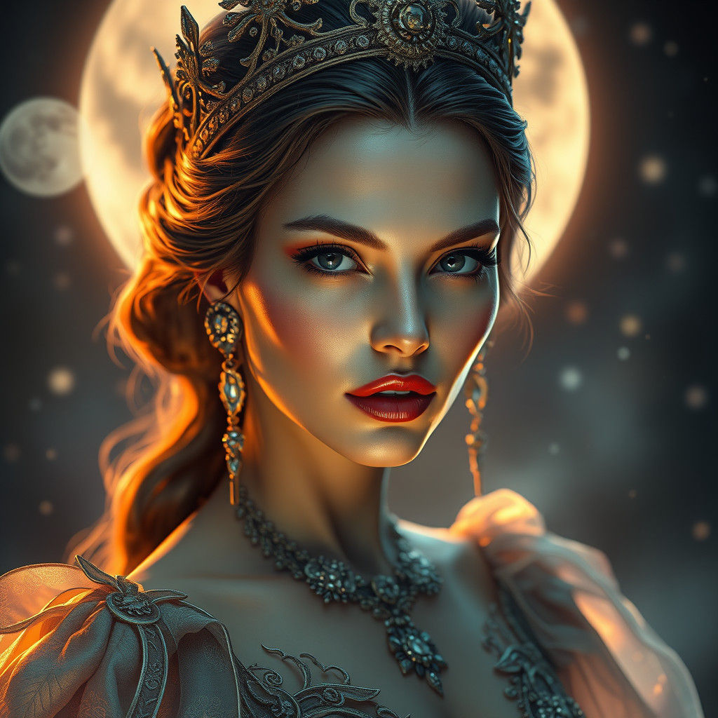 Regal Woman with Intense Gaze Under Moonlight