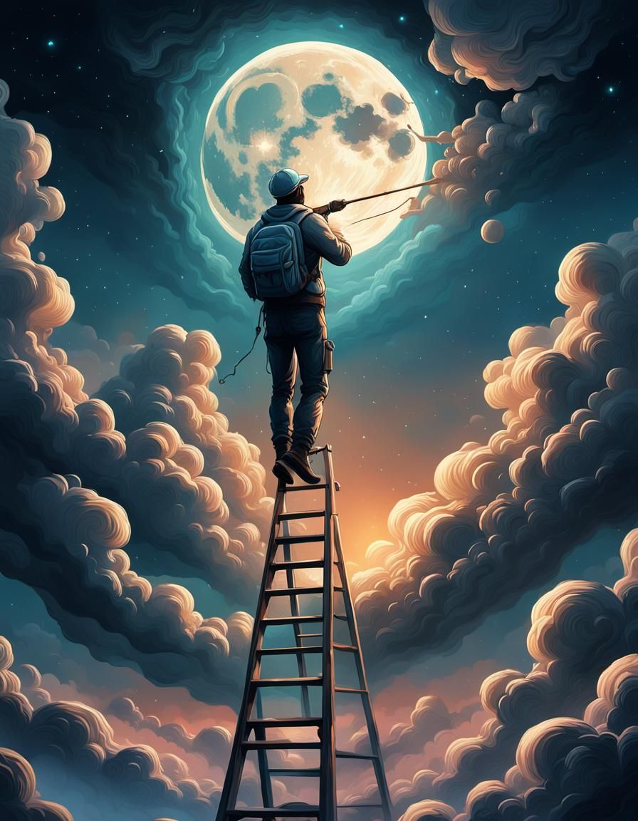Man Paints Moon: Detailed Digital Art