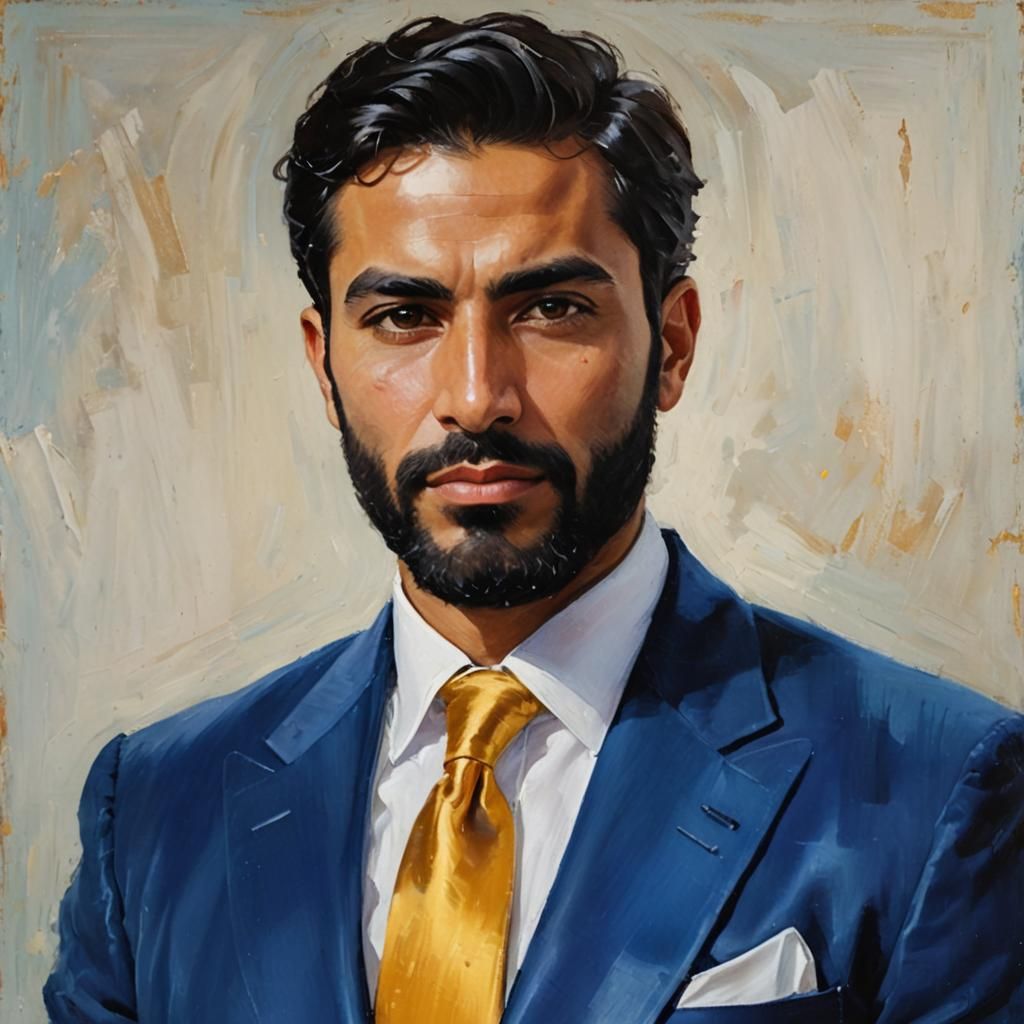 Elegant Man in Blue Suit: Impressionist Oil Painting