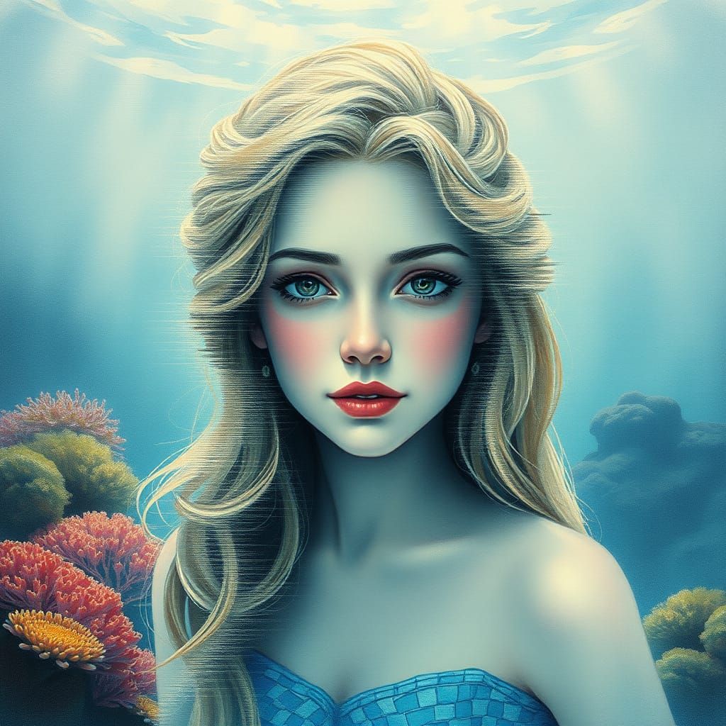 Glitched Mermaid Portrait in Watercolor Style