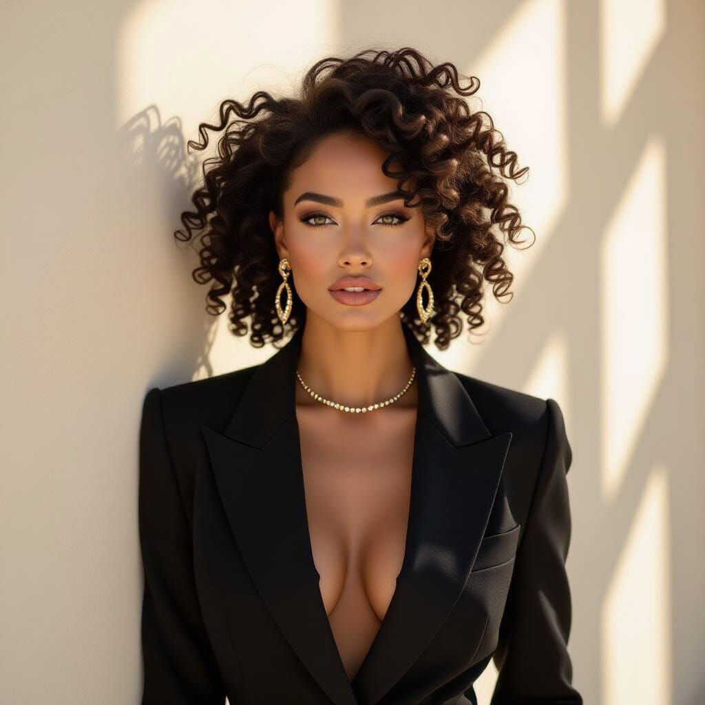 Elegant Woman with Curls Posing in Sunny Abstract