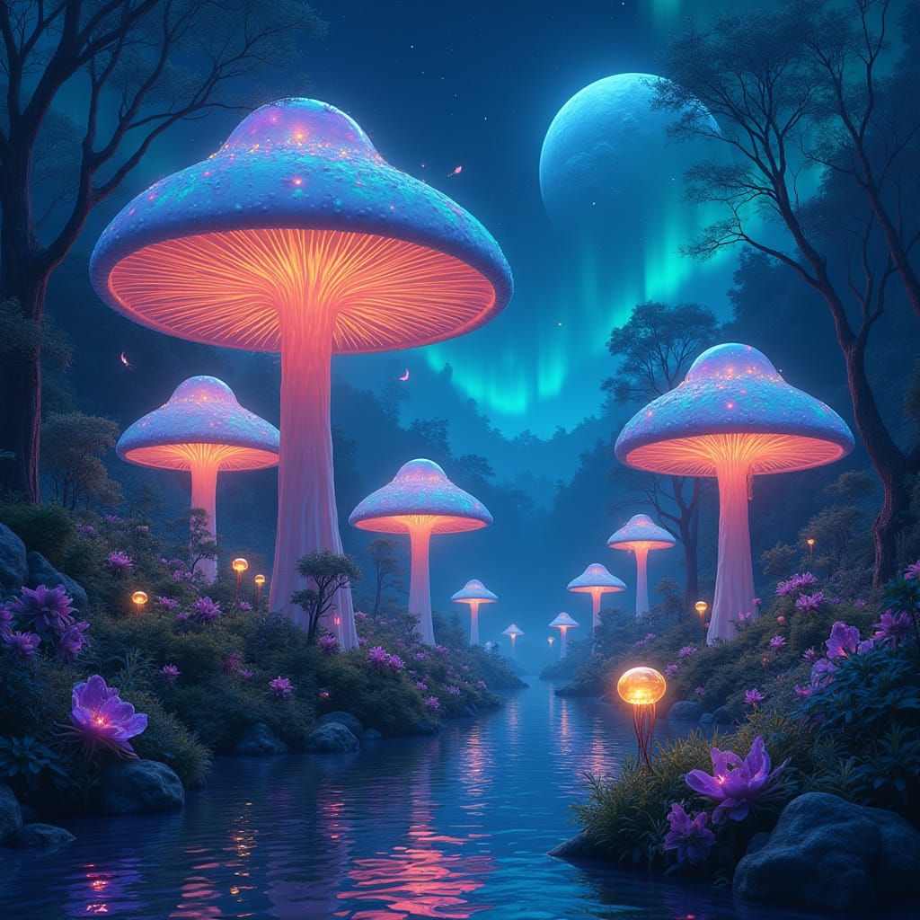 Surreal Bioluminescent Mushroom Paradise in Cosmic Dreamscap...