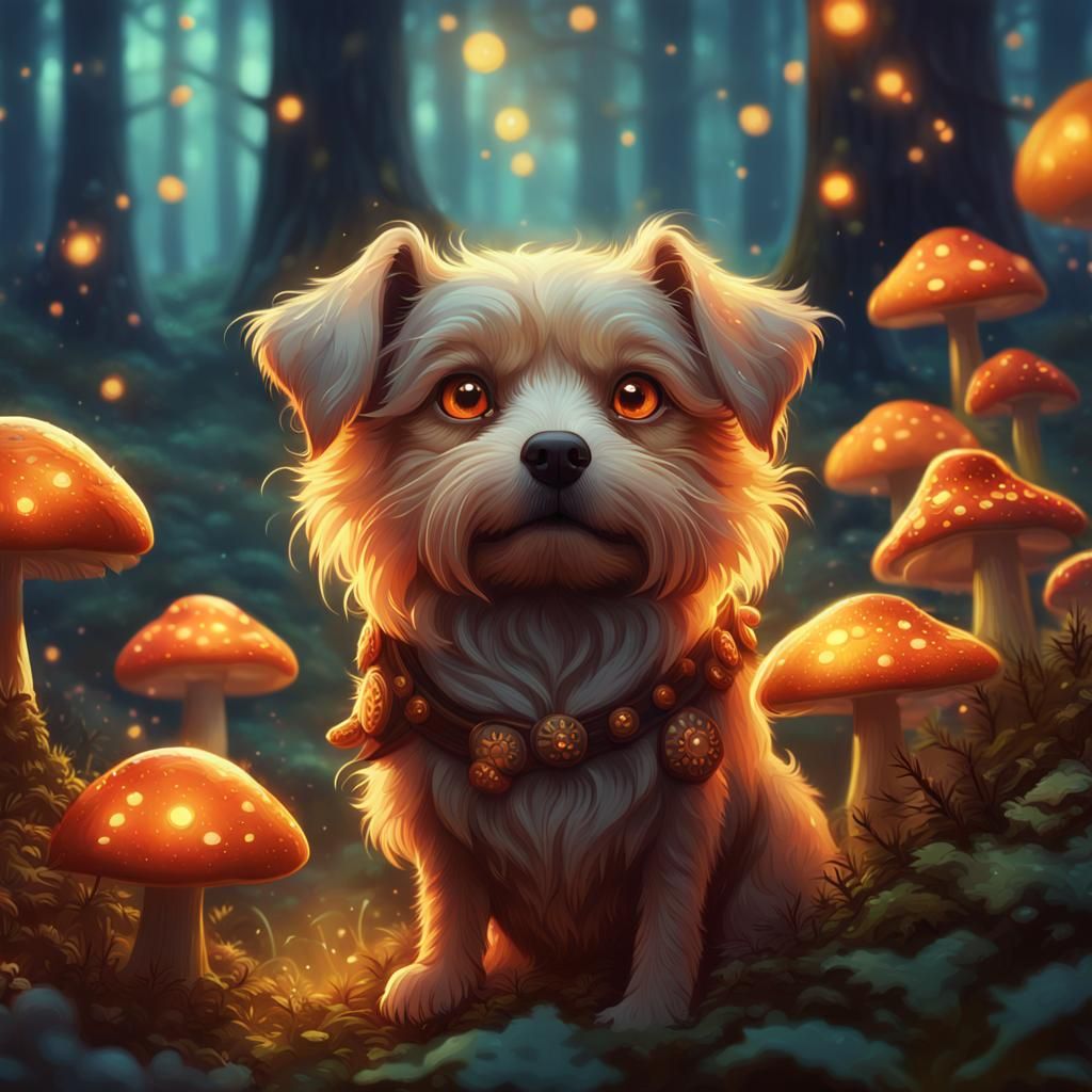 Dog Exploring Mystical Forest in Fantasy Matte Painting