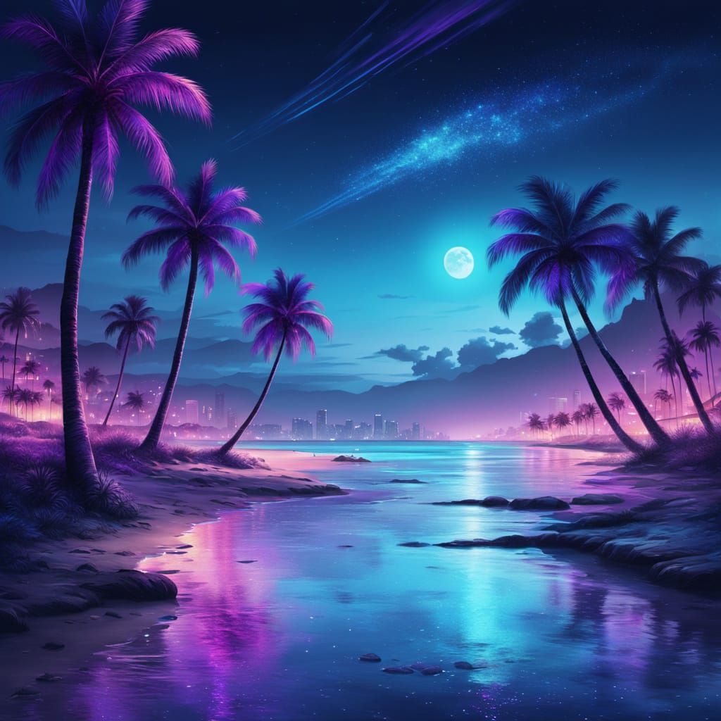 Hyperrealistic Footprints on a Glowing Retro Seashore