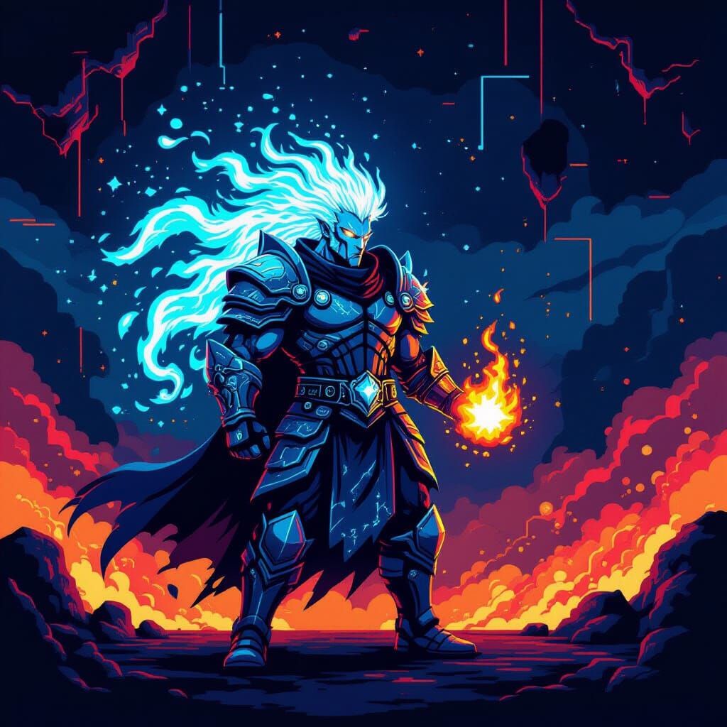 8-Bit Warrior with Cosmic Energy and Crystal Armor