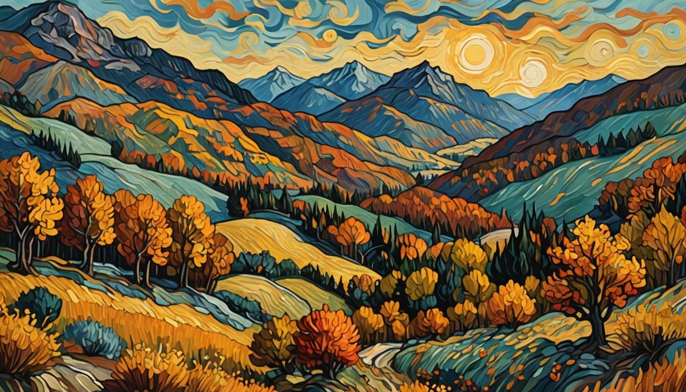 Autumn Mountain Landscape as Impasto Painting