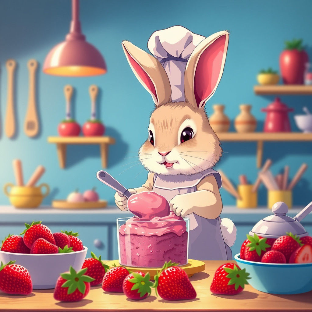 Adorable Rabbit Chef Baking Strawberry Cake, Anime Style