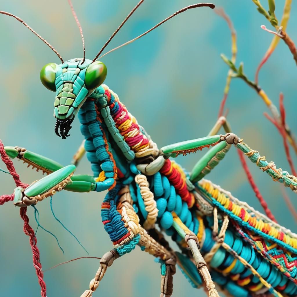 Macrame Praying Mantis in Oil Painting Style