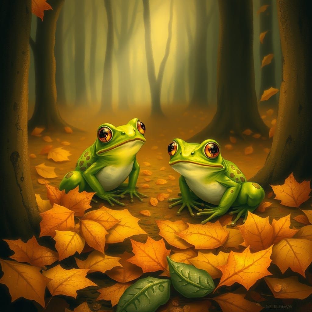 Frogs in Autumn Forest, Whimsical Illustration