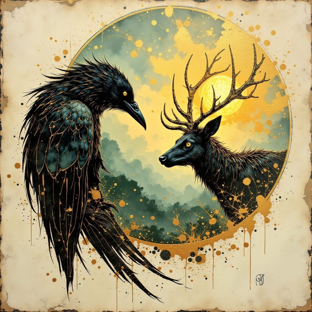 Raven and Deer in Gold Etherglyph Illustration