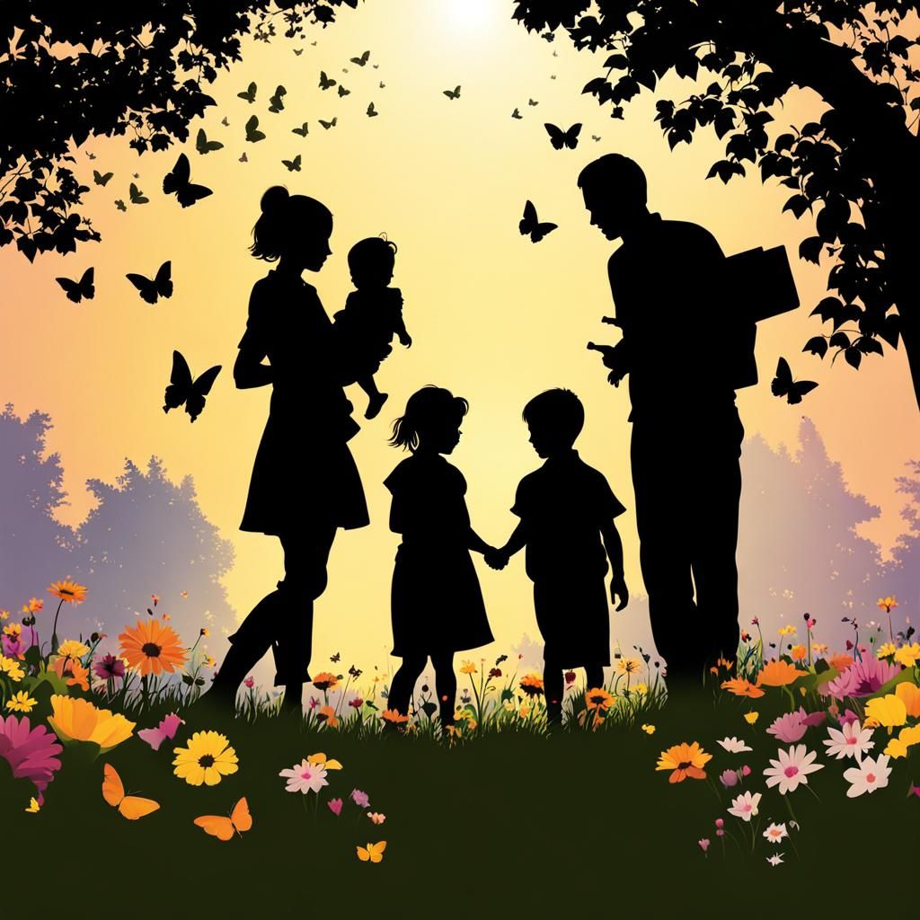 Family Silhouette Playing in Spring Sunlight