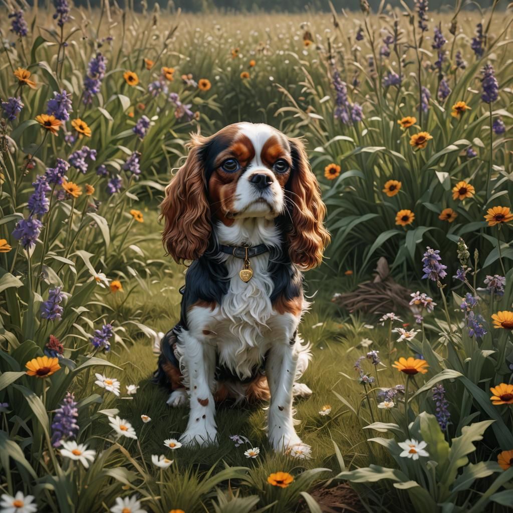 Cute King Charles Cavalier in Detailed Digital Painting