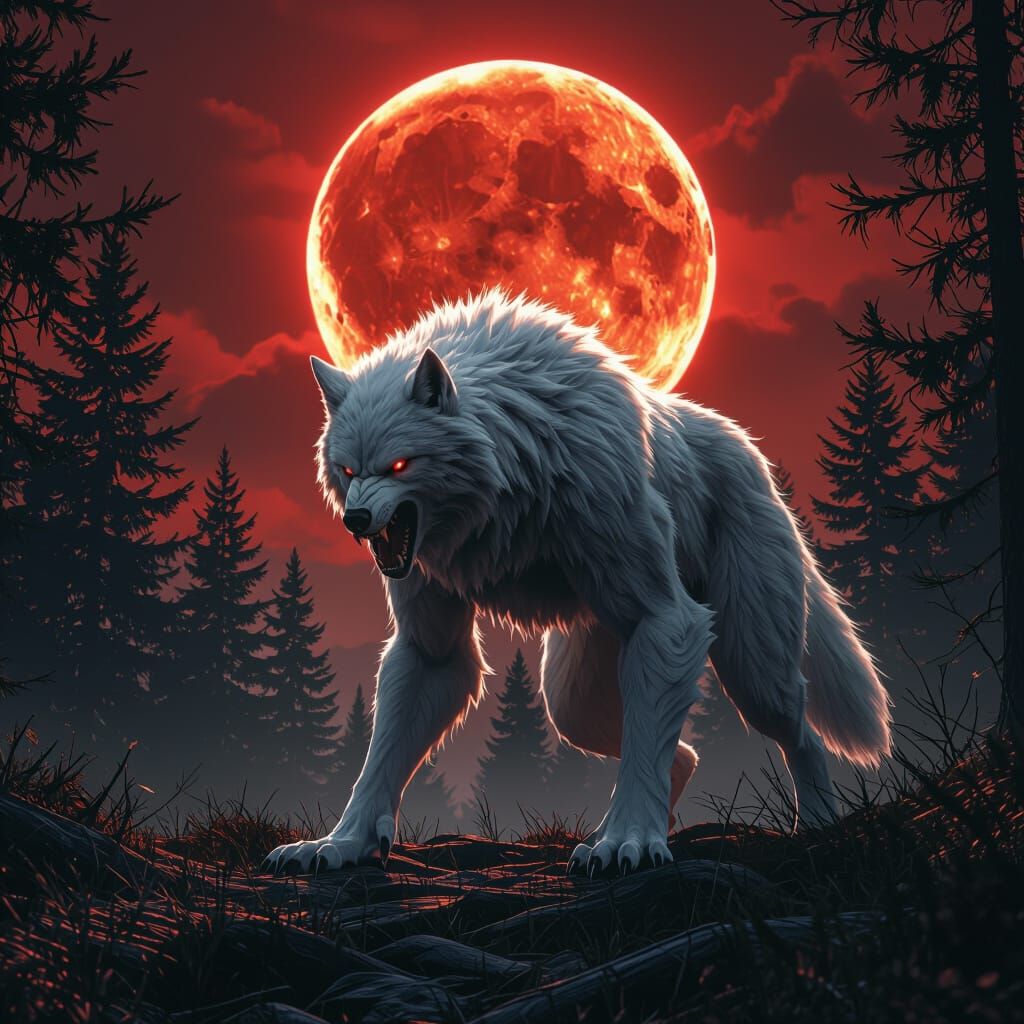 Ferocious White Werewolf Under Red Moon Eclipse