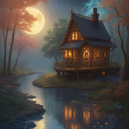 בית קטן על שפת הנחל הזורם ועצים מללבים בצבעים נועזים ואור הלבנה עם כוכבים מאירים 
8