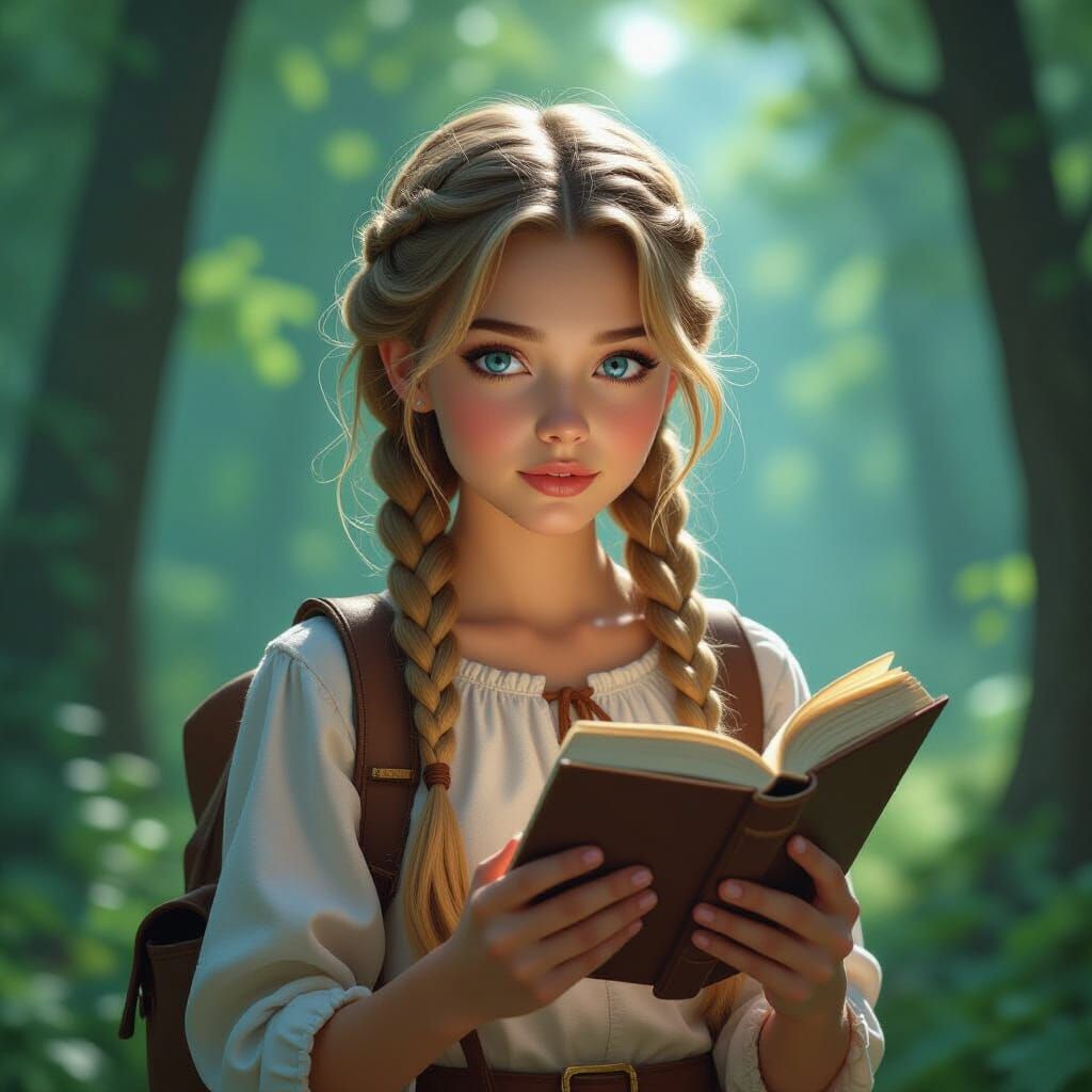 Girl Reading in Forest: Detailed Fantasy Concept Art