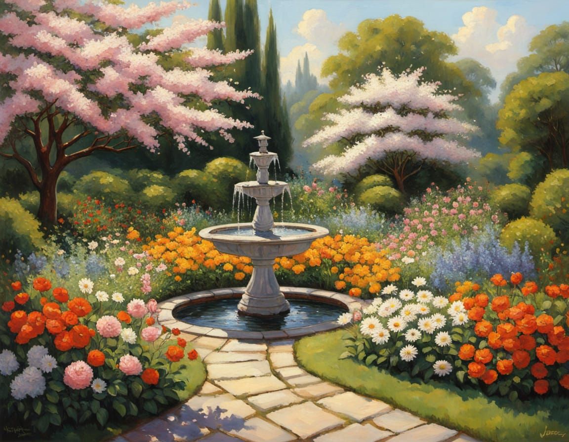 Vibrant Spring Garden Scene in Impressive Oil Painting