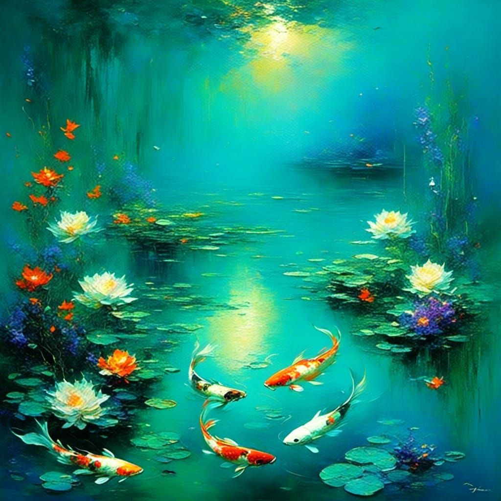 Underwater Koi Pond in Impasto Style