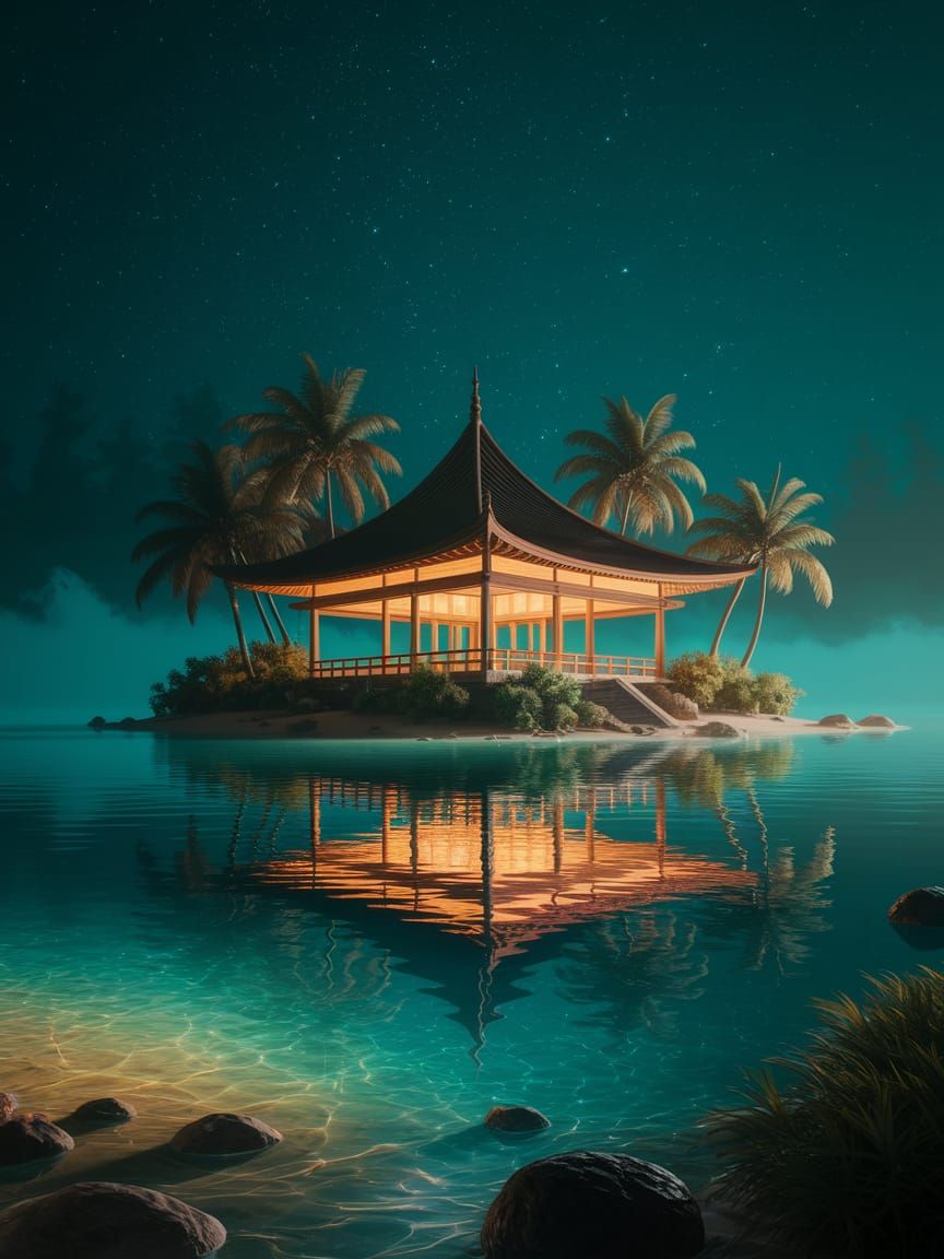 Tropical Island Pavilion at Night in Digital Painting Style