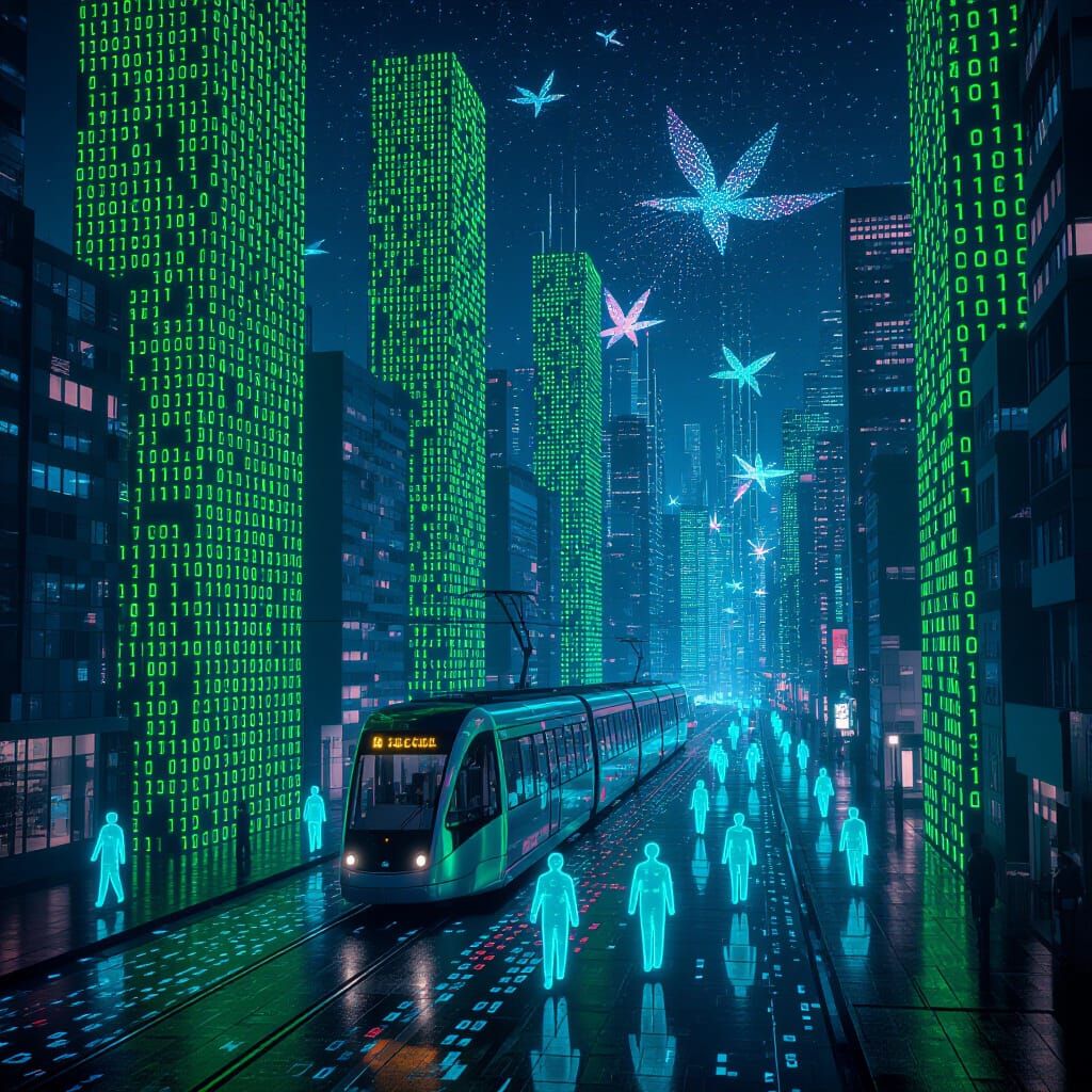 AI Cityscape of Binary Code and Data Streams