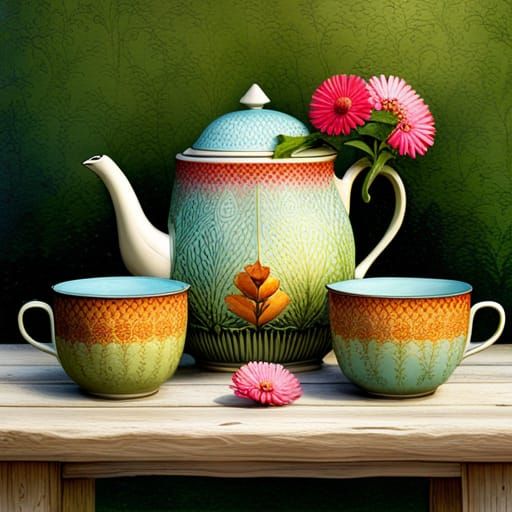 Whimsical Teapot and Cups in Garden Setting