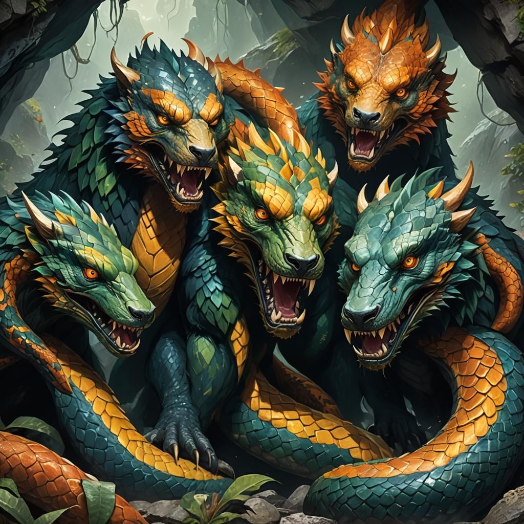 Three-Headed Bear-Snake Monster in Dark Cave, Digital Art