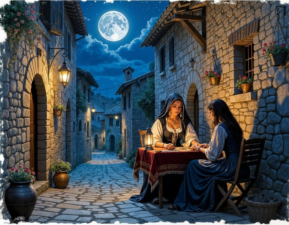 Gypsy Tarot Reader in Medieval Alley Under Full Moon