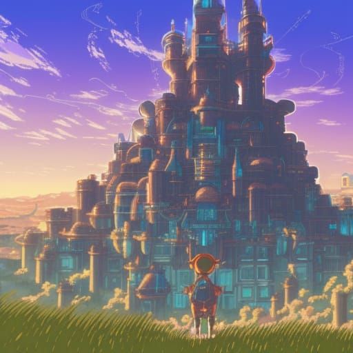 Studio Ghibli Style Sci-Fi Castle Blueprint