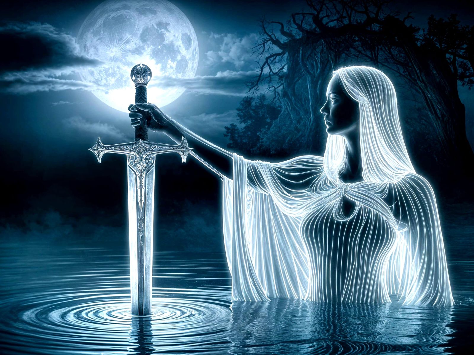 Lady of the Lake Presents Excalibur in Moonlit Forest