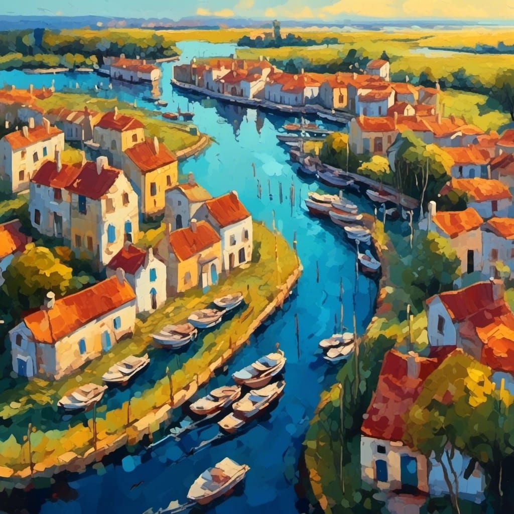 Fantasy Harbor Sunset in Fauvist Palette Knife Style