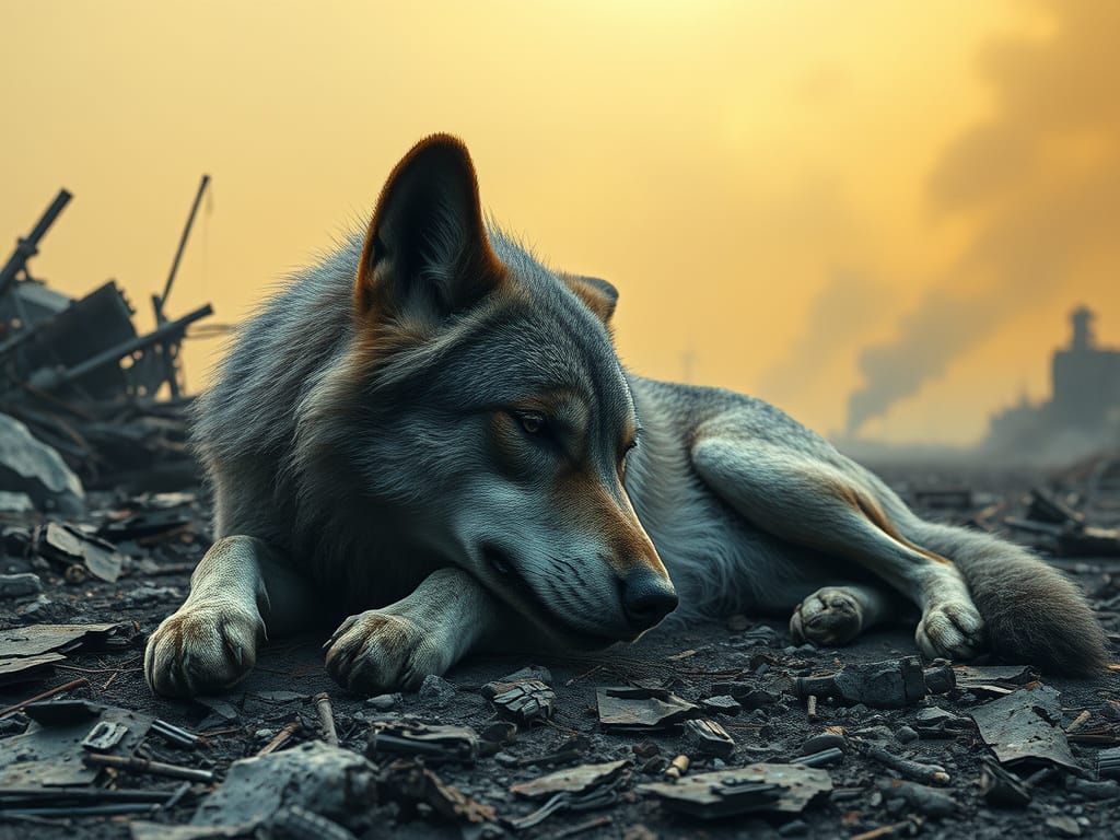 Dystopian Landscape with Dead Wolf