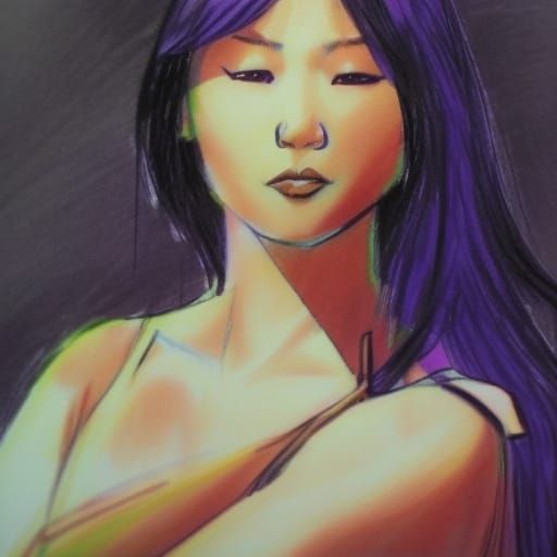 Asian Woman in Crayon, Comic Book Style