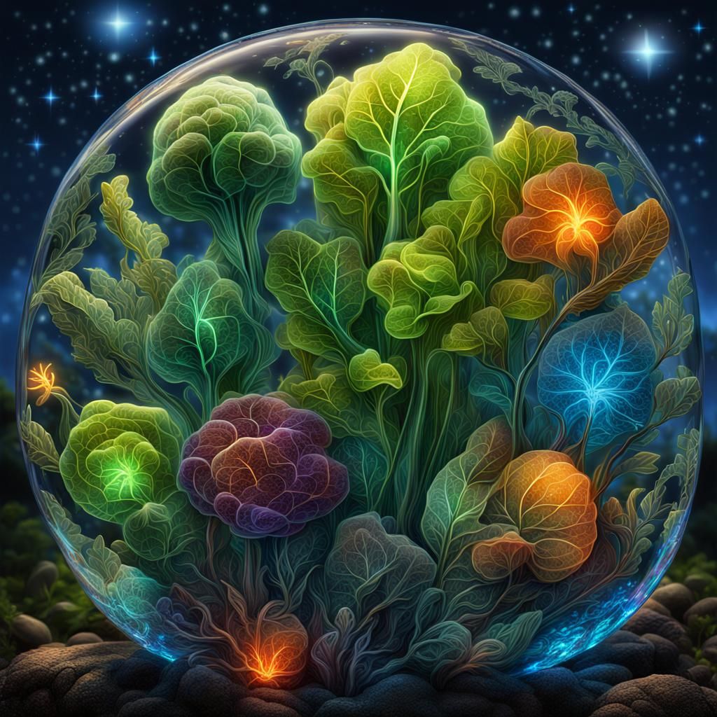Bioluminescent Glass Vegetables in Fantasy Garden