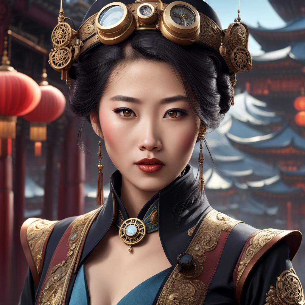 Steampunk Portrait of a Chinese Woman in City