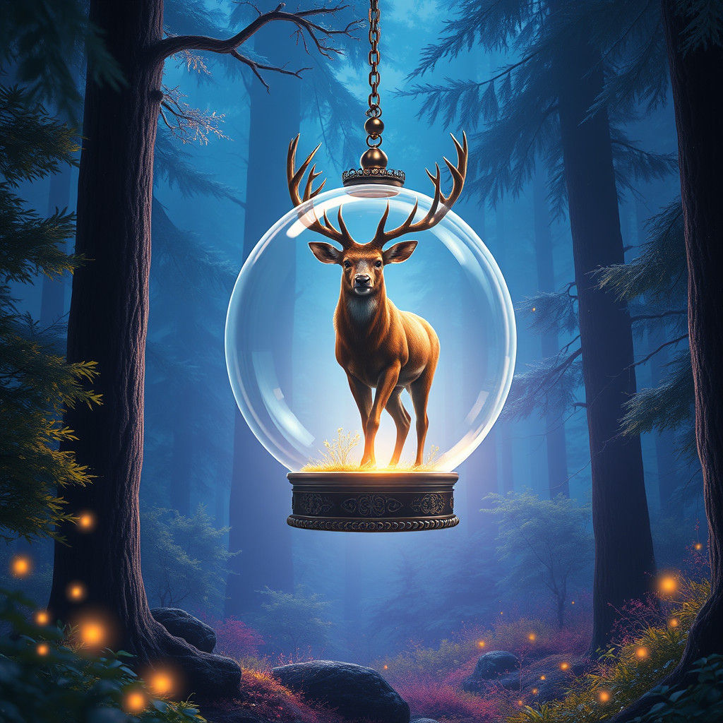 Stag in Glass Ball Floats Through Enchanted Forest