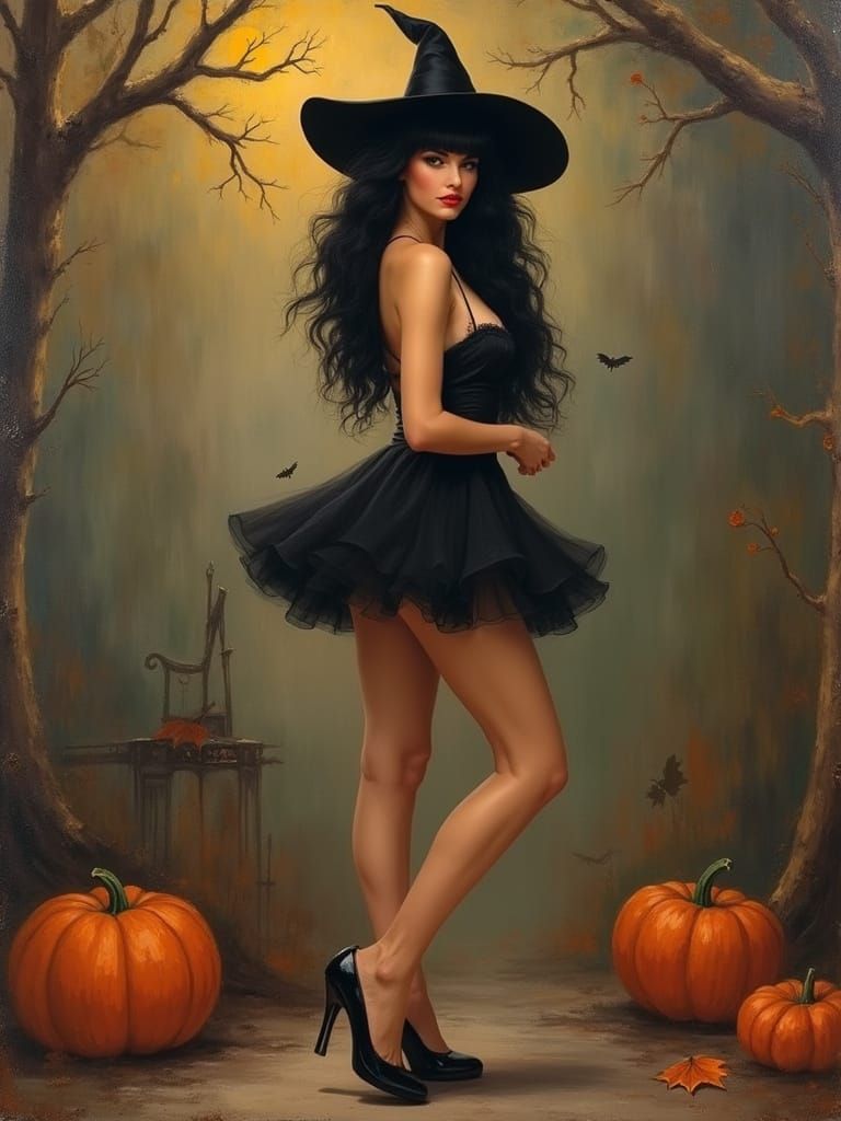 Impressionist Oil Painting of Bettie Page as a Witch