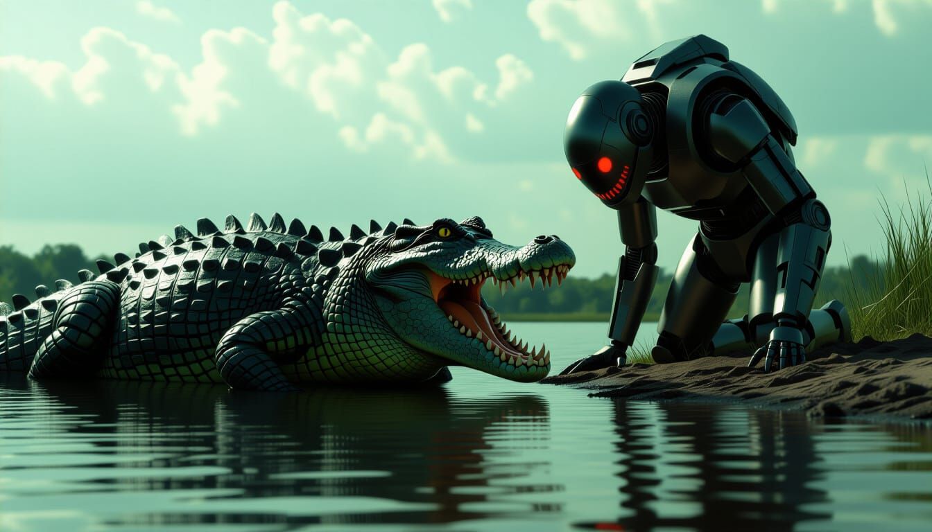 Prehistoric Crocodile Devours Robot in Dark Landscape