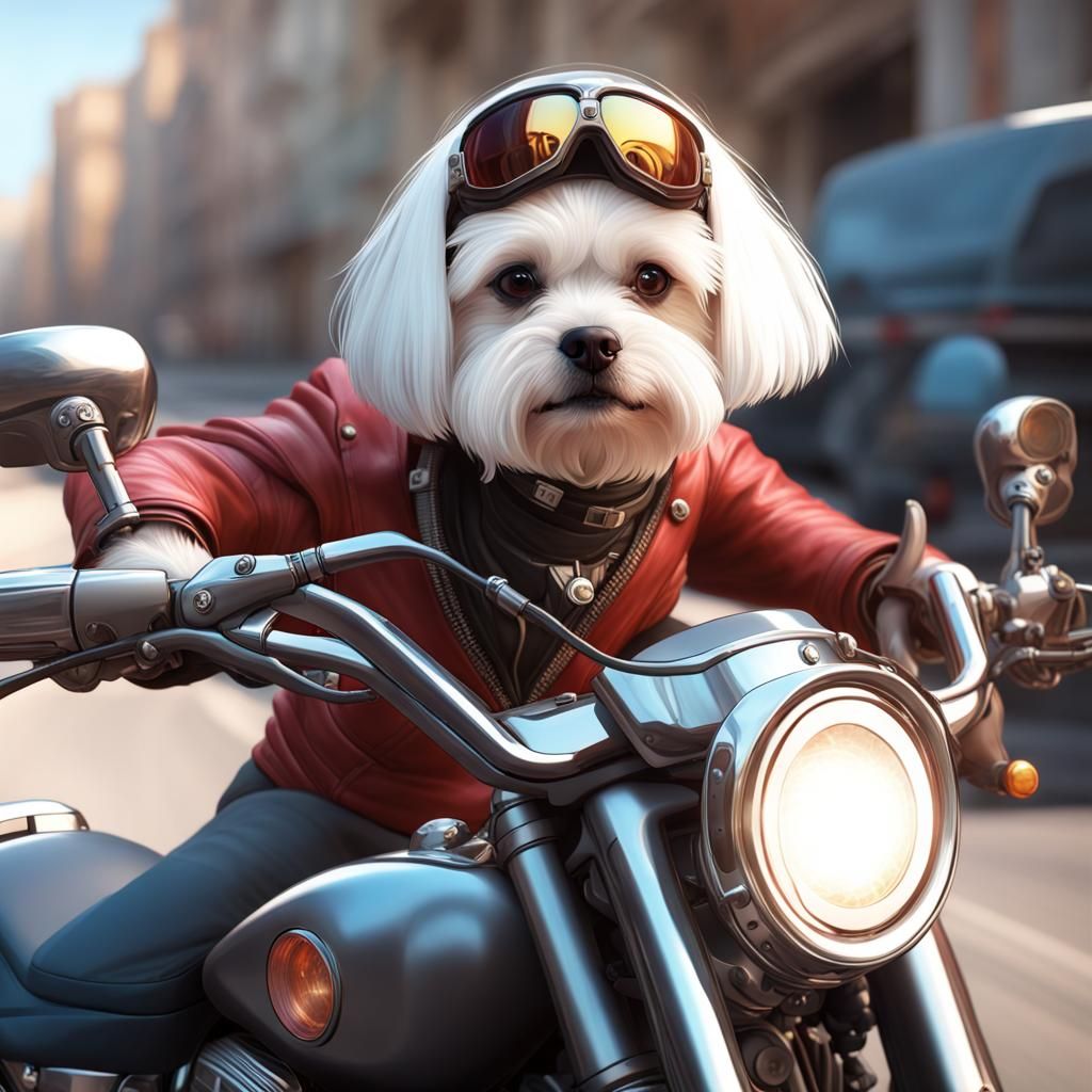 Maltese Dog Rides Motorcycle: Hyperdetailed Portrait