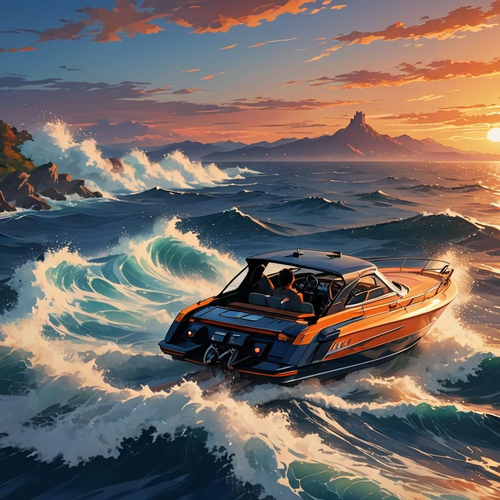 Anime Speedboat Scene at Sunset