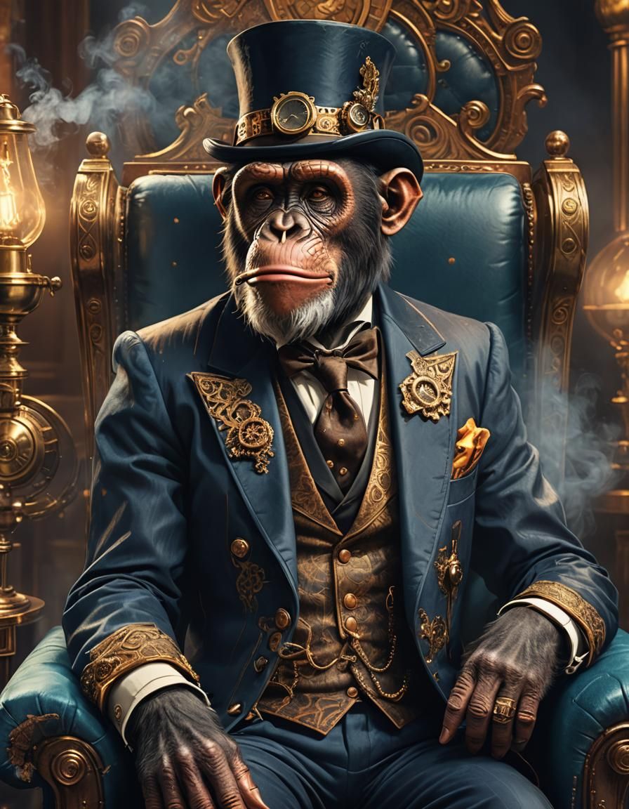 Chimpanzee Gentleman Smoking Cigar in Steampunk Style