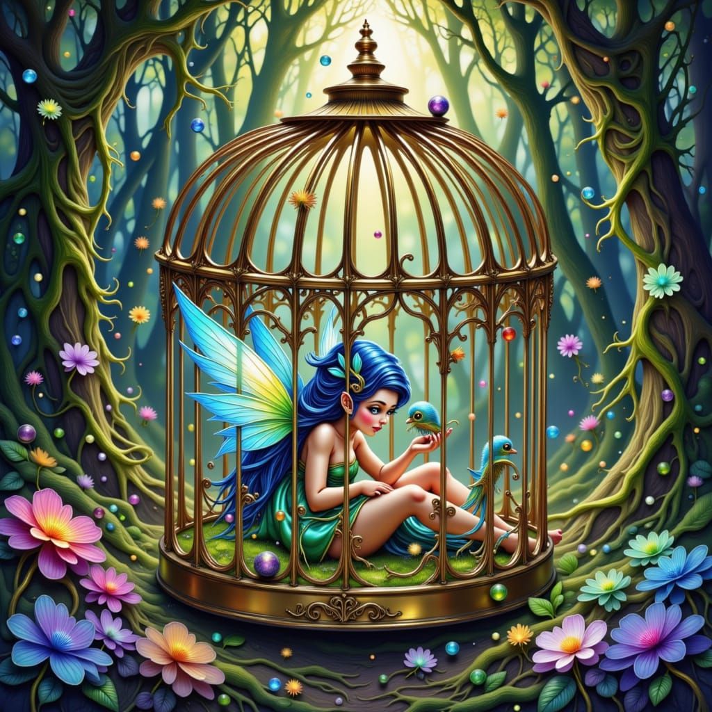 Fairy and Fae Critter Trapped in Ornate Birdcage