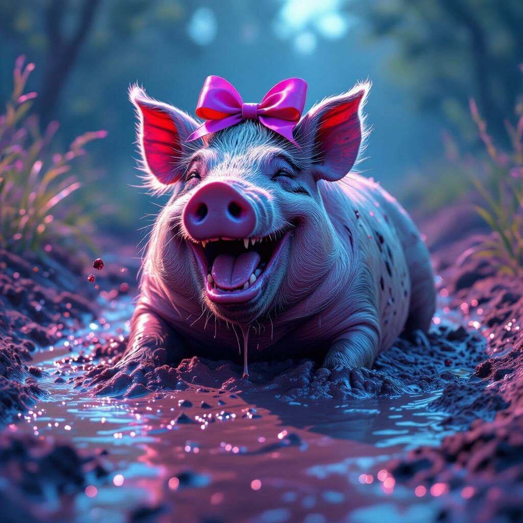 Laughing Hog Rolls in Mud with Synthwave Neon Style