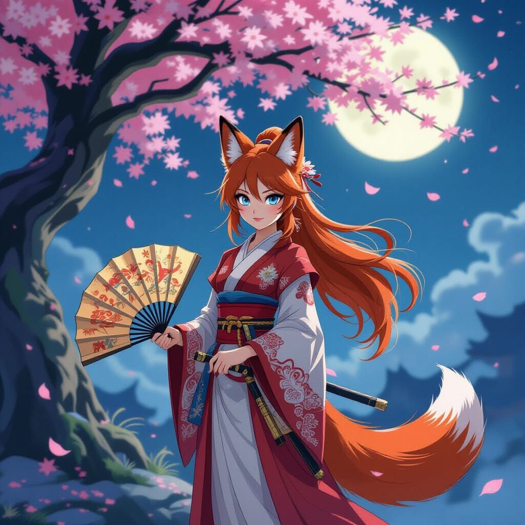 Fox Ninja Under Sakura Tree: Ghibli Style